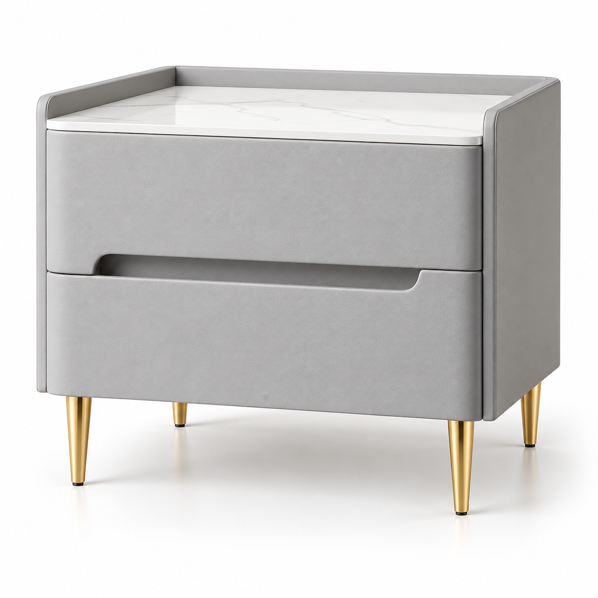 Table de chevet gris clair de 40 cm avec deux tiroirs et pieds dorés, sur fond blanc