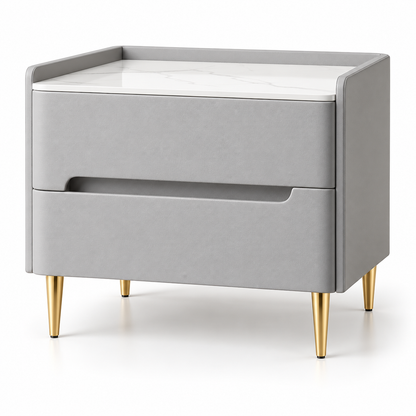 Table de chevet gris clair de 40 cm avec deux tiroirs et pieds dorés, sur fond blanc