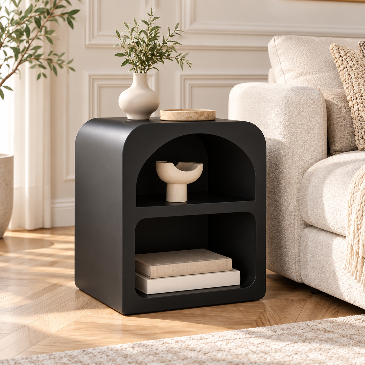 Table de chevet noire utilisée en table d’appoint près d’un canapé crème, avec moulures et parquet clair