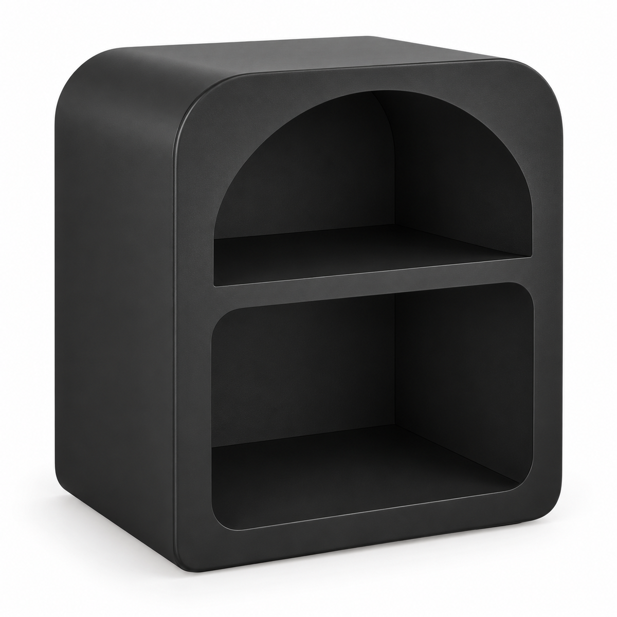 Table de chevet noire avec une niche supérieure en arche et une niche inférieure, sur fond blanc