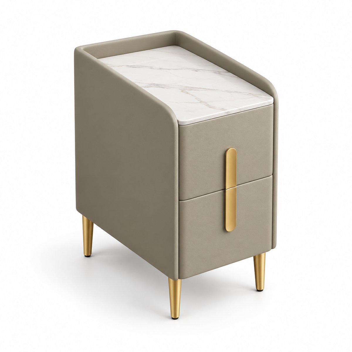Table de chevet kaki de 25 cm avec deux tiroirs, plateau blanc veiné et pieds dorés sur fond blanc.