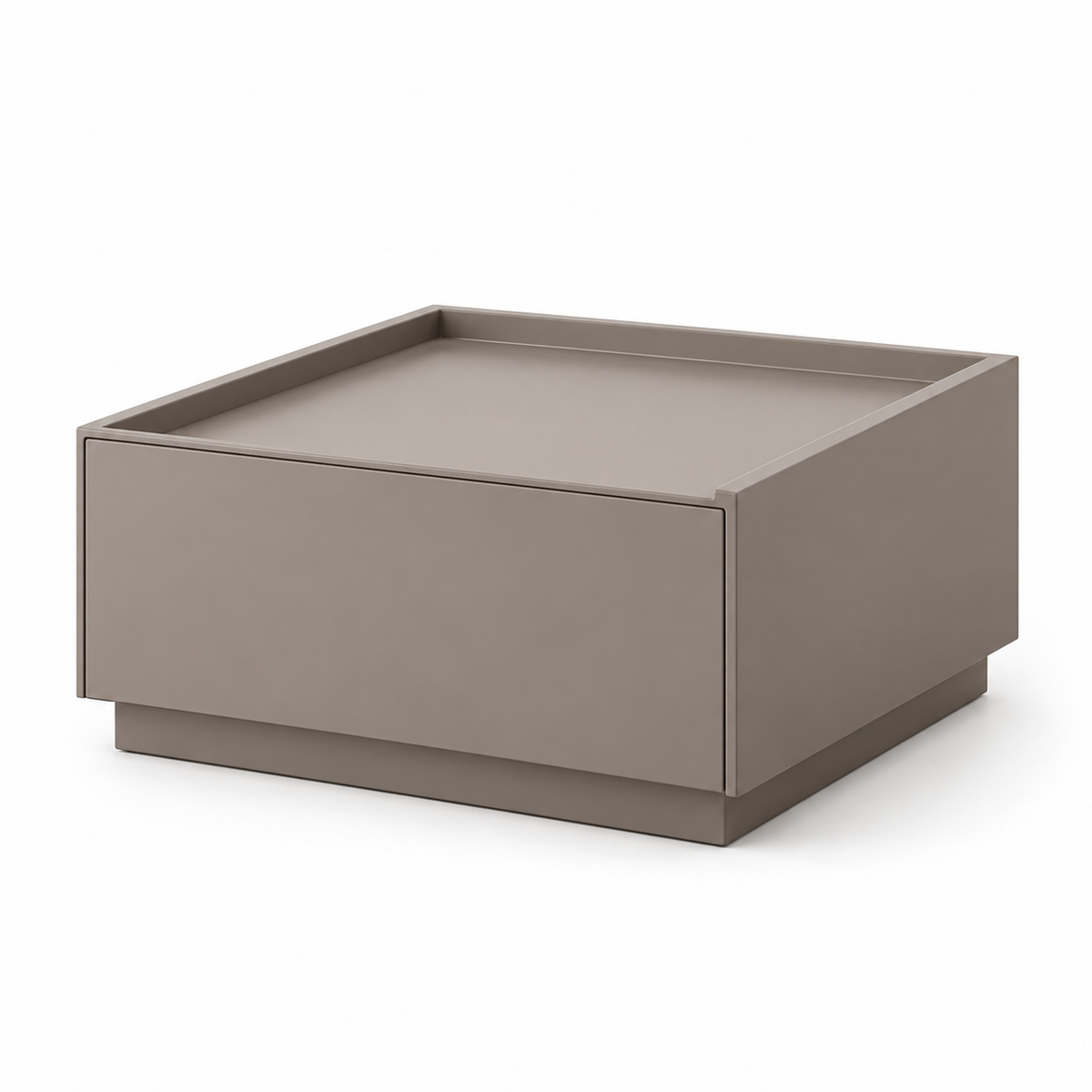 Table de chevet basse gris taupe, format 40 × 40 cm, avec tiroir sans poignée sur fond blanc.