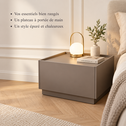 Chevet gris taupe présentant trois avantages : rangement des essentiels, plateau accessible et style épuré et chaleureux.