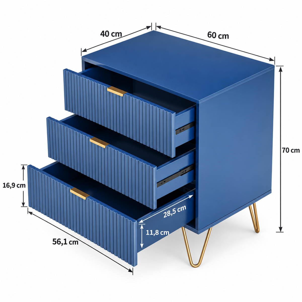 Table de chevet avec flèches indiquant une largeur de 60 cm, une profondeur de 40 cm et une hauteur de 70 cm.