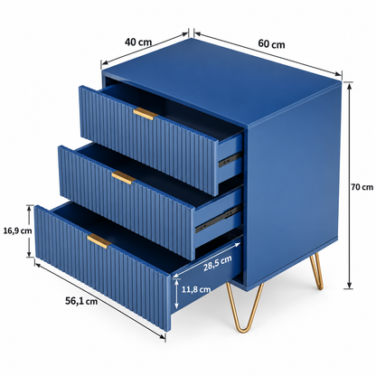 Table de chevet avec flèches indiquant une largeur de 60 cm, une profondeur de 40 cm et une hauteur de 70 cm.