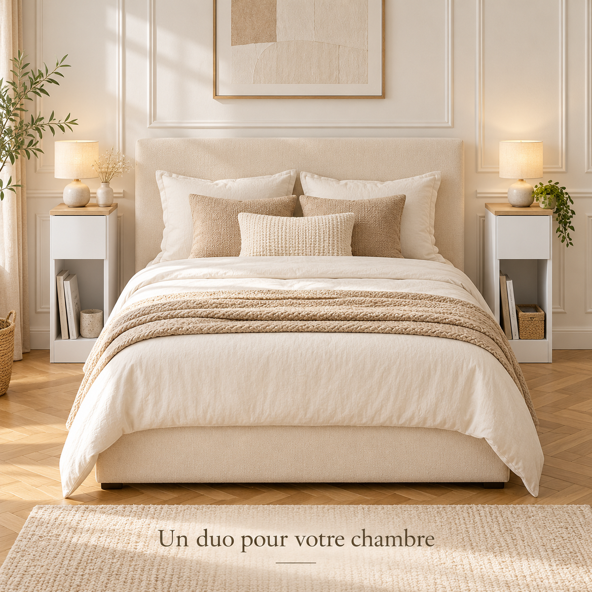 Deux tables de chevet blanches avec plateau effet bois disposées de chaque côté d’un lit écru