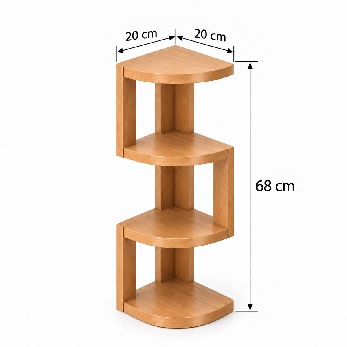 Dimensions du chevet d’angle à quatre niveaux avec flèches : 20 cm de largeur, 20 cm de profondeur et 68 cm de hauteur