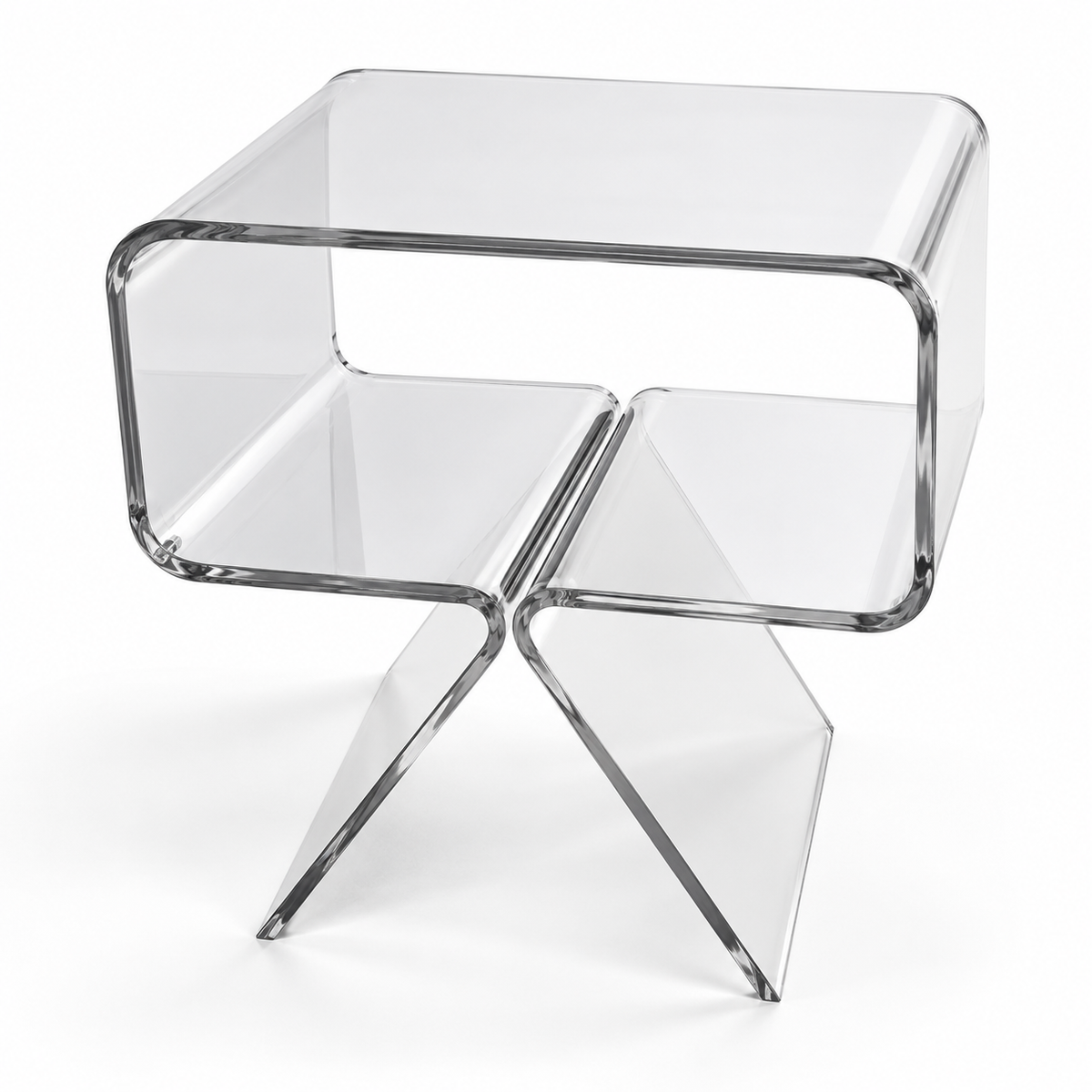 Table d’appoint en acrylique transparent avec niche ouverte et pieds courbés sur fond blanc