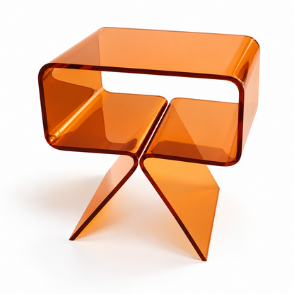 Table d’appoint en acrylique orange ambré avec niche ouverte et pieds évasés sur fond blanc