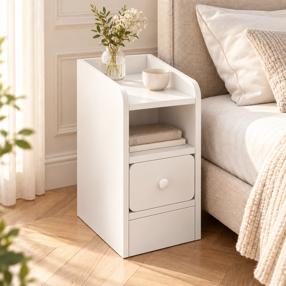 Chevet blanc étroit près d’un lit écru, avec vase fleuri et livre, dans une chambre lumineuse avec moulures.