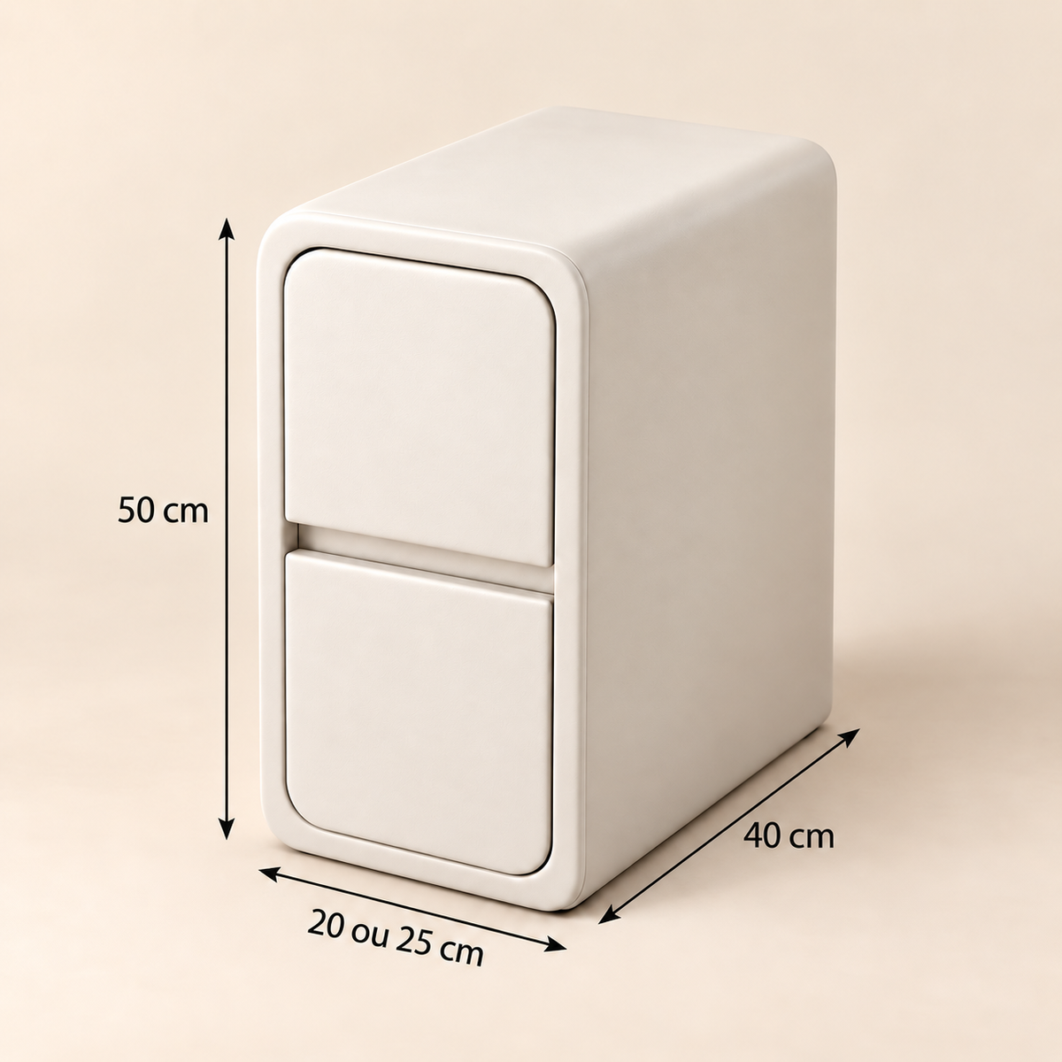 Dimensions du chevet : largeur de 20 ou 25 cm, profondeur de 40 cm et hauteur de 50 cm