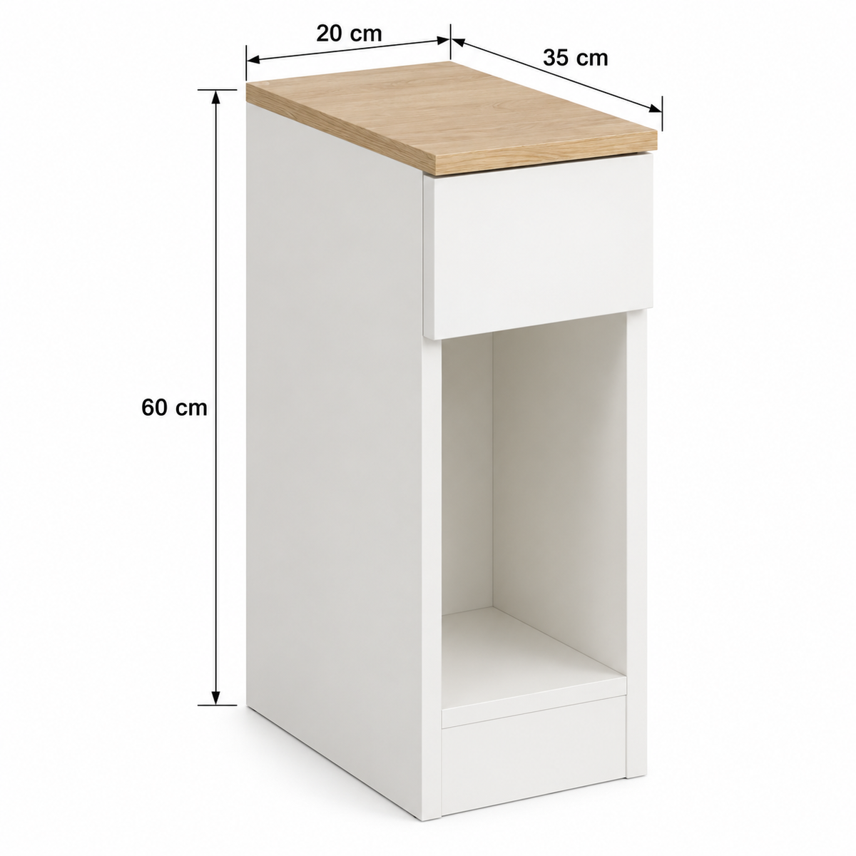 Chevet blanc avec flèches indiquant 20 cm de largeur, 35 cm de profondeur et 60 cm de hauteur