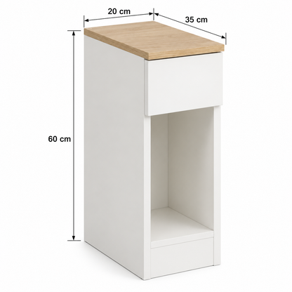Chevet blanc avec flèches indiquant 20 cm de largeur, 35 cm de profondeur et 60 cm de hauteur