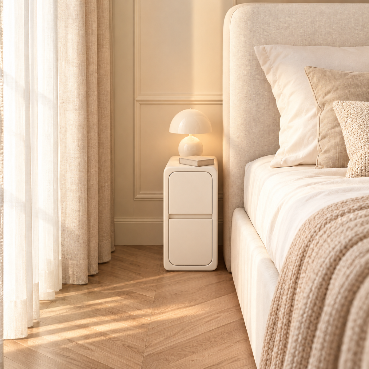 Même chambre aménagée avec un chevet étroit blanc crème à deux tiroirs, une lampe et un livre près du lit