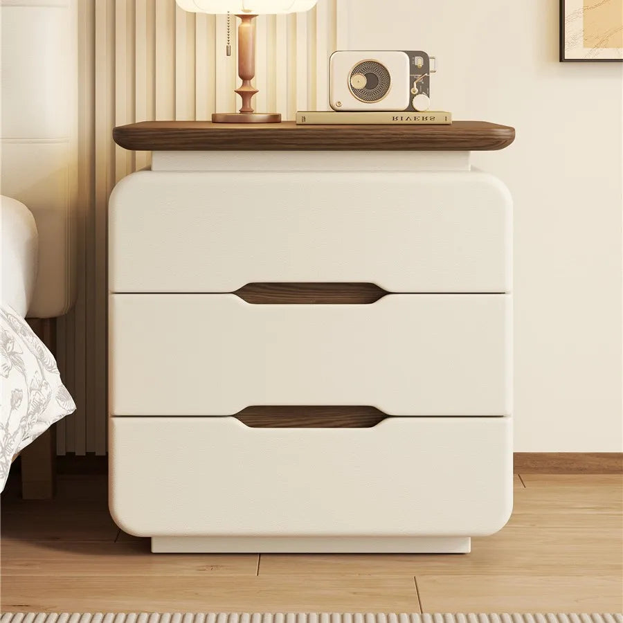 table de chevet crème plateau bois foncé à 2 tiroirs