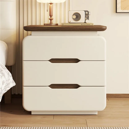 table de chevet crème plateau bois foncé à 2 tiroirs