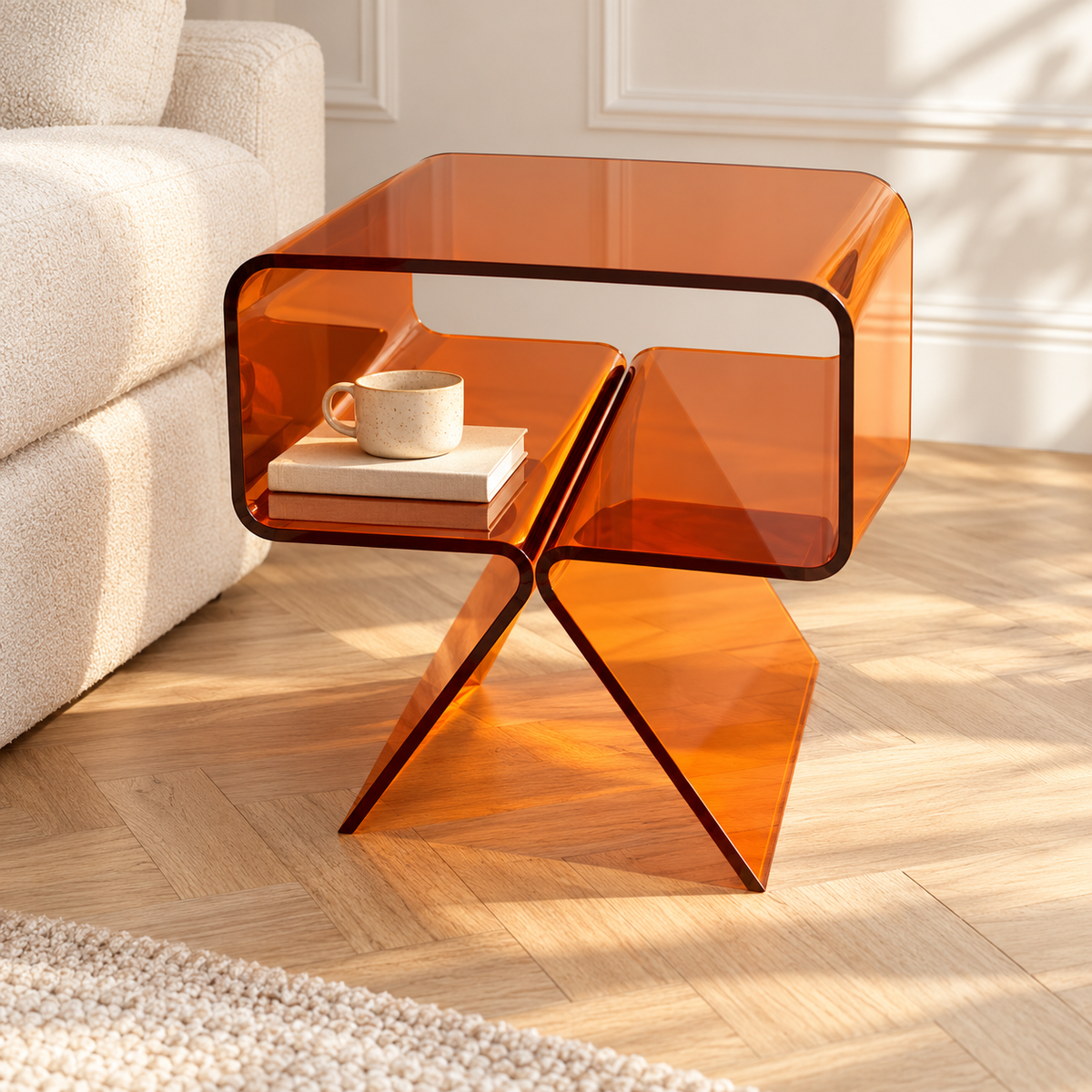 Table d’appoint orange ambré avec des livres et une tasse près d’un canapé écru