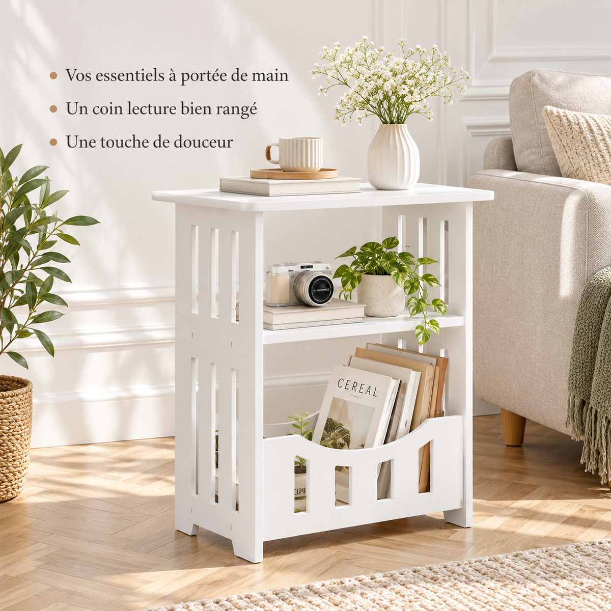 Table d’appoint blanche avec trois avantages : essentiels accessibles, coin lecture rangé et touche de douceur.