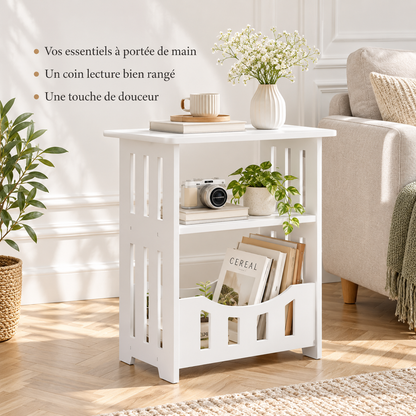 Table d’appoint blanche avec trois avantages : essentiels accessibles, coin lecture rangé et touche de douceur.