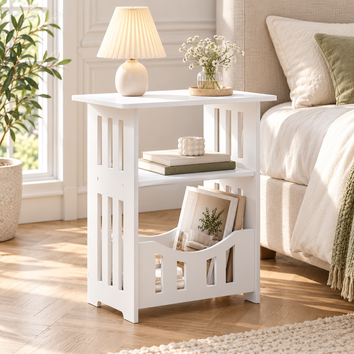 Vue rapprochée de la table blanche avec étagère centrale et compartiment inférieur pour magazines.