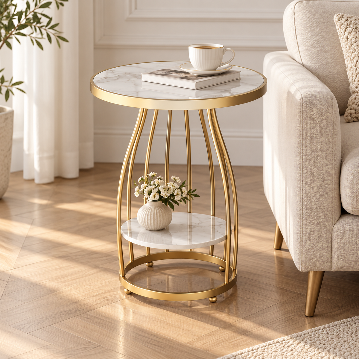 Table d’appoint dorée près d’un canapé écru dans un salon lumineux avec moulures et parquet clair