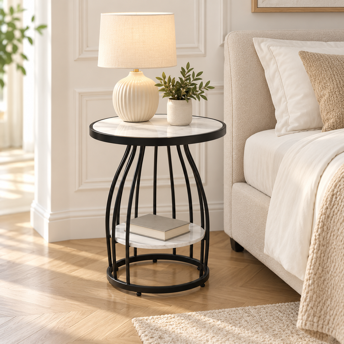 Table d’appoint noire utilisée comme chevet avec une lampe et un livre dans une chambre chaleureuse