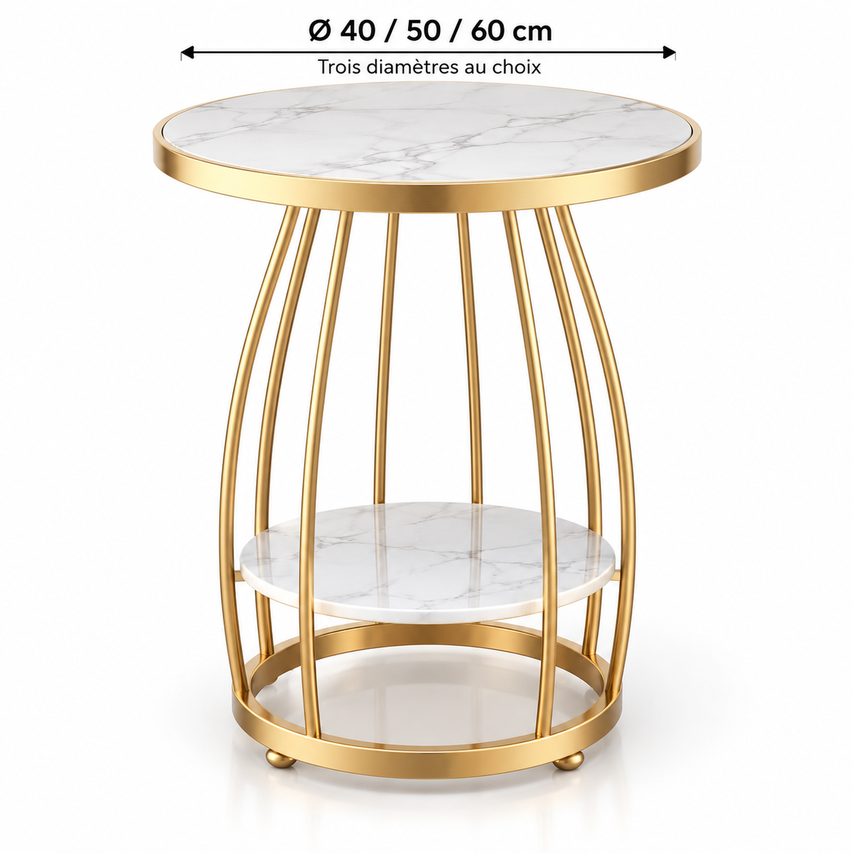 Table d’appoint dorée avec une flèche indiquant les diamètres disponibles de 40, 50 et 60 cm