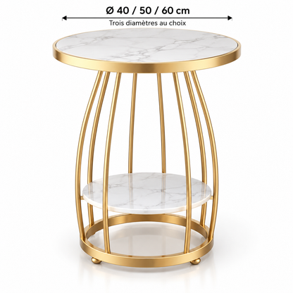 Table d’appoint dorée avec une flèche indiquant les diamètres disponibles de 40, 50 et 60 cm