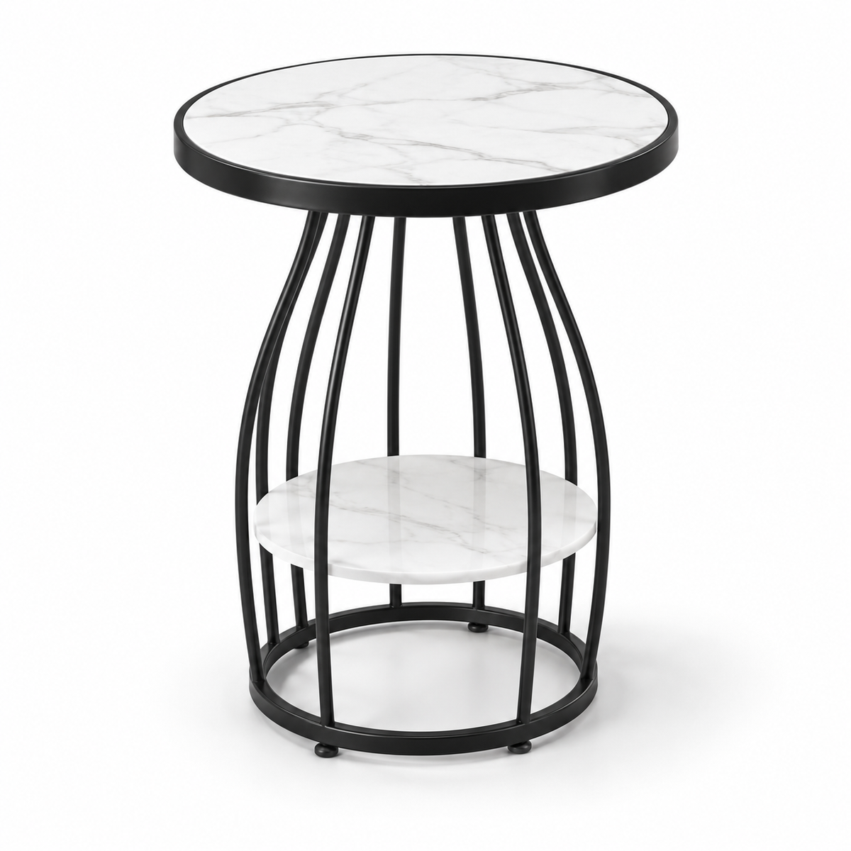 Table d’appoint ronde noire avec plateau effet marbre blanc et tablette basse sur fond blanc