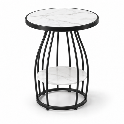 Table d’appoint ronde noire avec plateau effet marbre blanc et tablette basse sur fond blanc