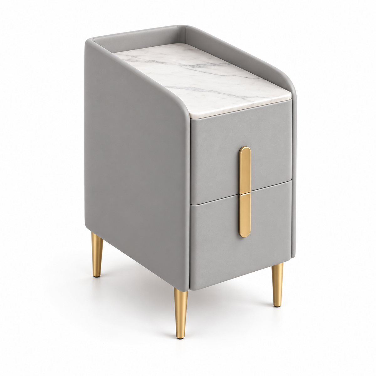 Table de chevet gris clair de 25 cm avec deux tiroirs et rebords arrondis sur fond blanc.