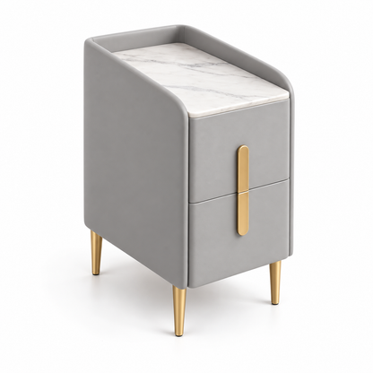 Table de chevet gris clair de 25 cm avec deux tiroirs et rebords arrondis sur fond blanc.