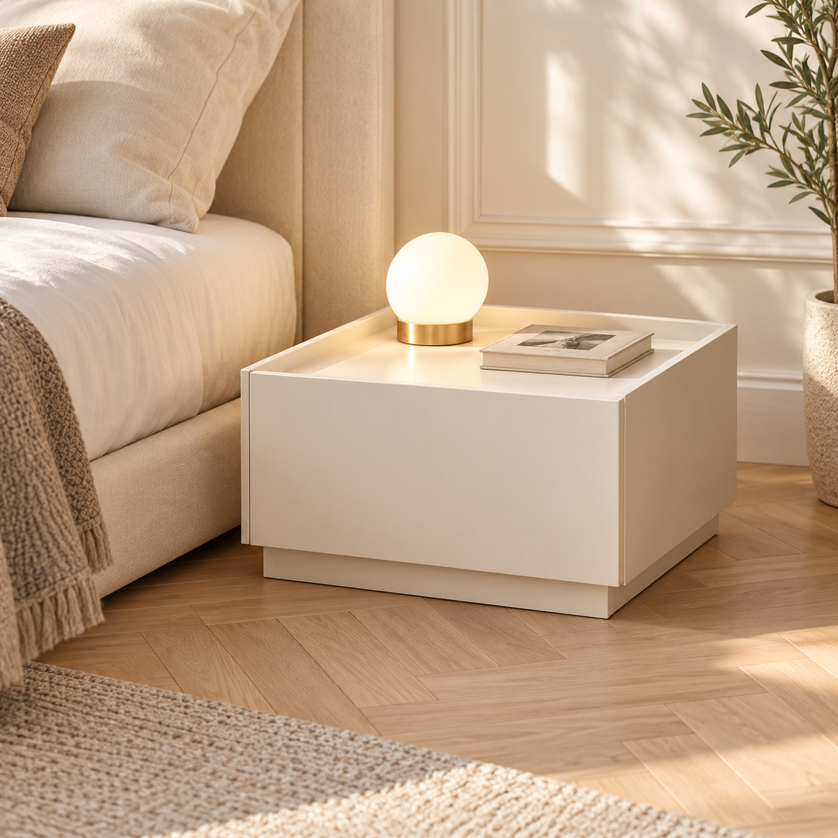 Chevet bas blanc près d’un lit crème, avec une lampe globe et un livre sur son plateau.