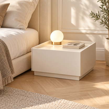 Chevet bas blanc près d’un lit crème, avec une lampe globe et un livre sur son plateau.