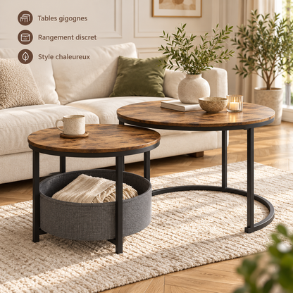 Tables gigognes brunes présentant leur format emboîtable, leur rangement discret et leur style chaleureux