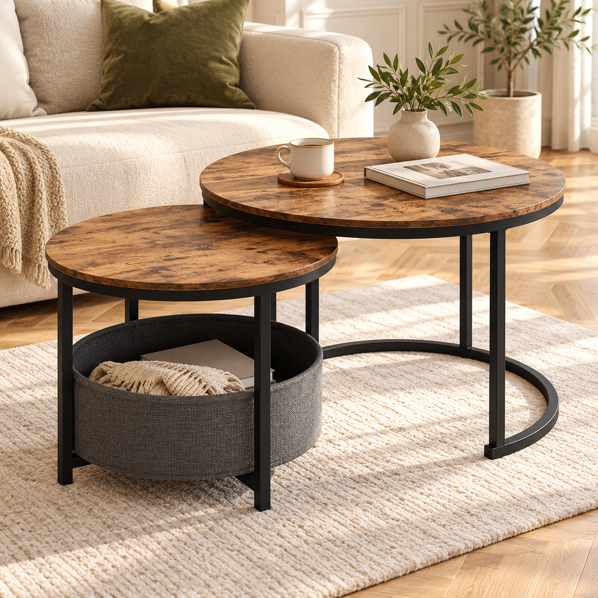 Deux tables gigognes noires avec panier gris dans un salon lumineux avec canapé crème et parquet clair