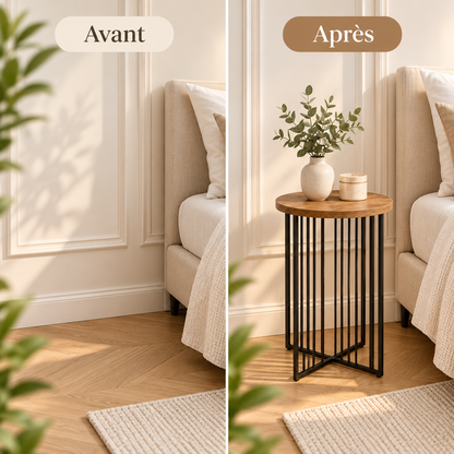 Avant après d’un coin chambre avec table d’appoint ronde industrielle