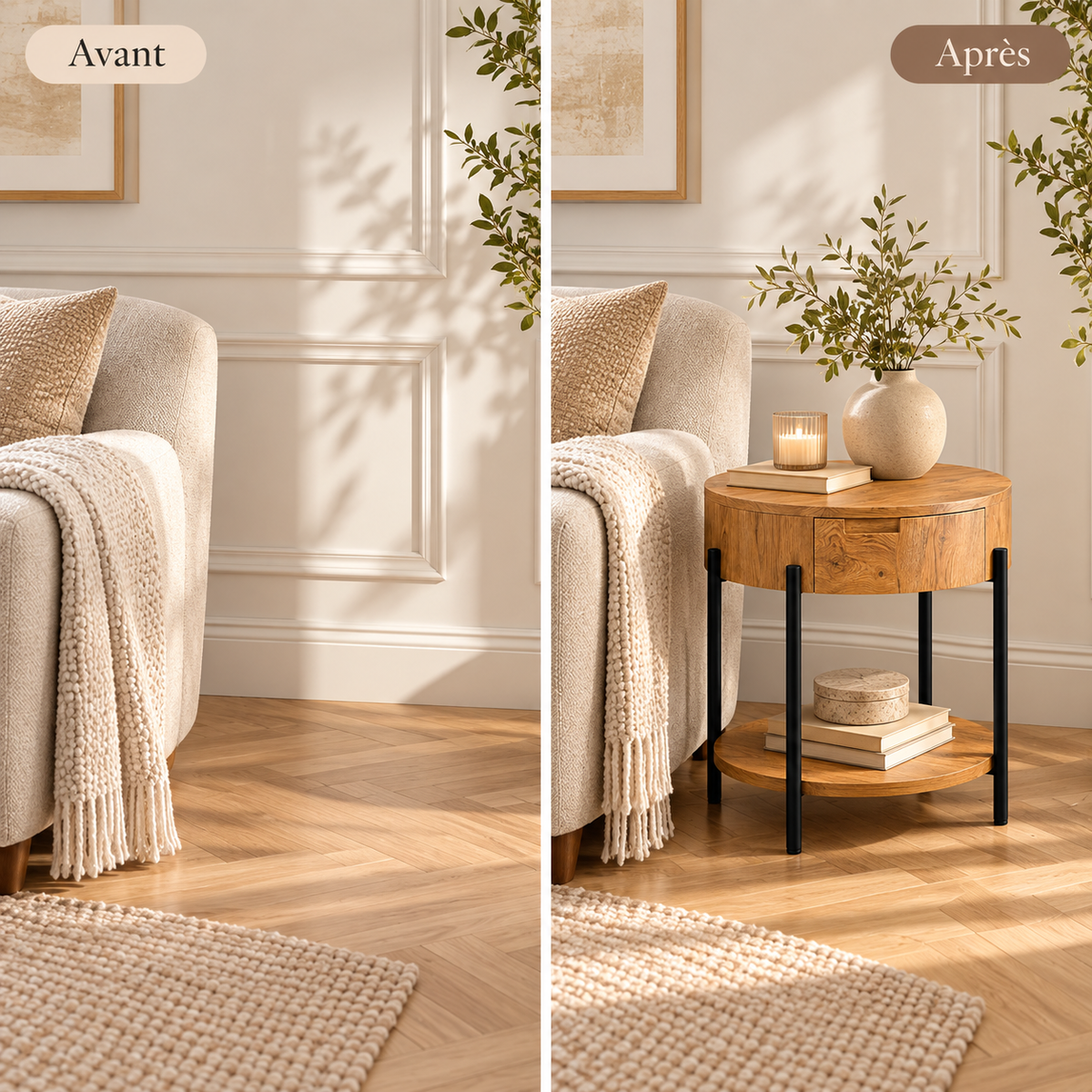 Avant après d’un coin salon aménagé avec une table d’appoint ronde en bois