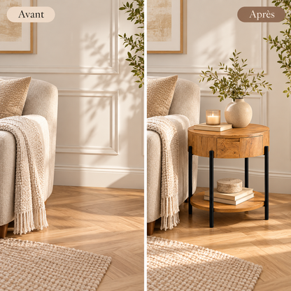 Avant après d’un coin salon aménagé avec une table d’appoint ronde en bois