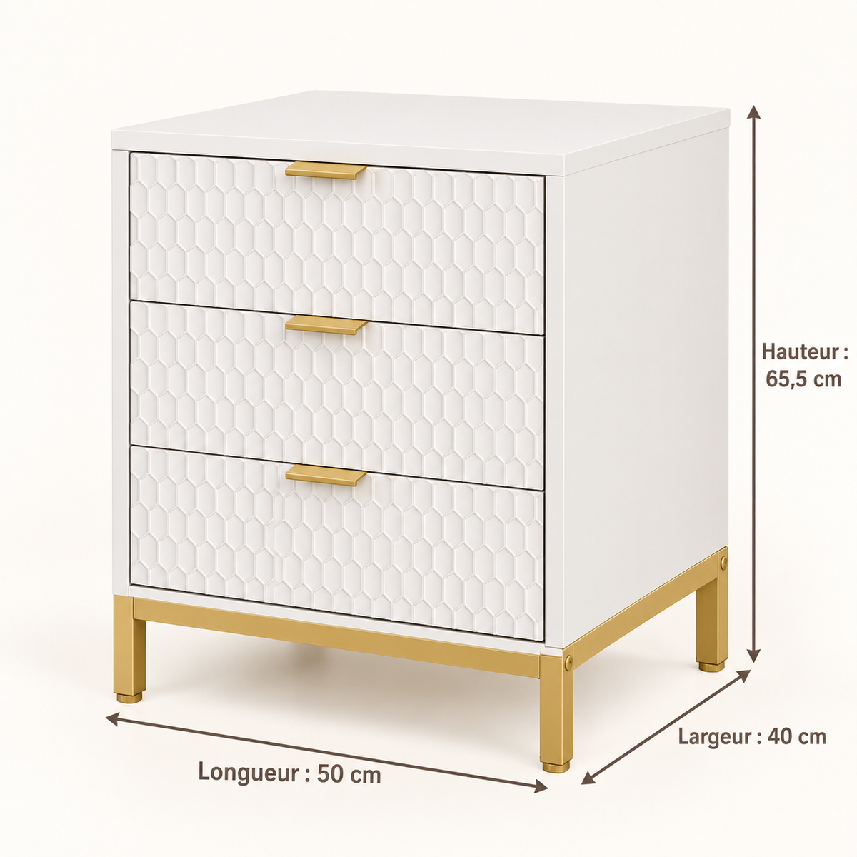 Dimensions de la table de chevet : largeur 50 cm, profondeur 40 cm et hauteur 65,5 cm.
