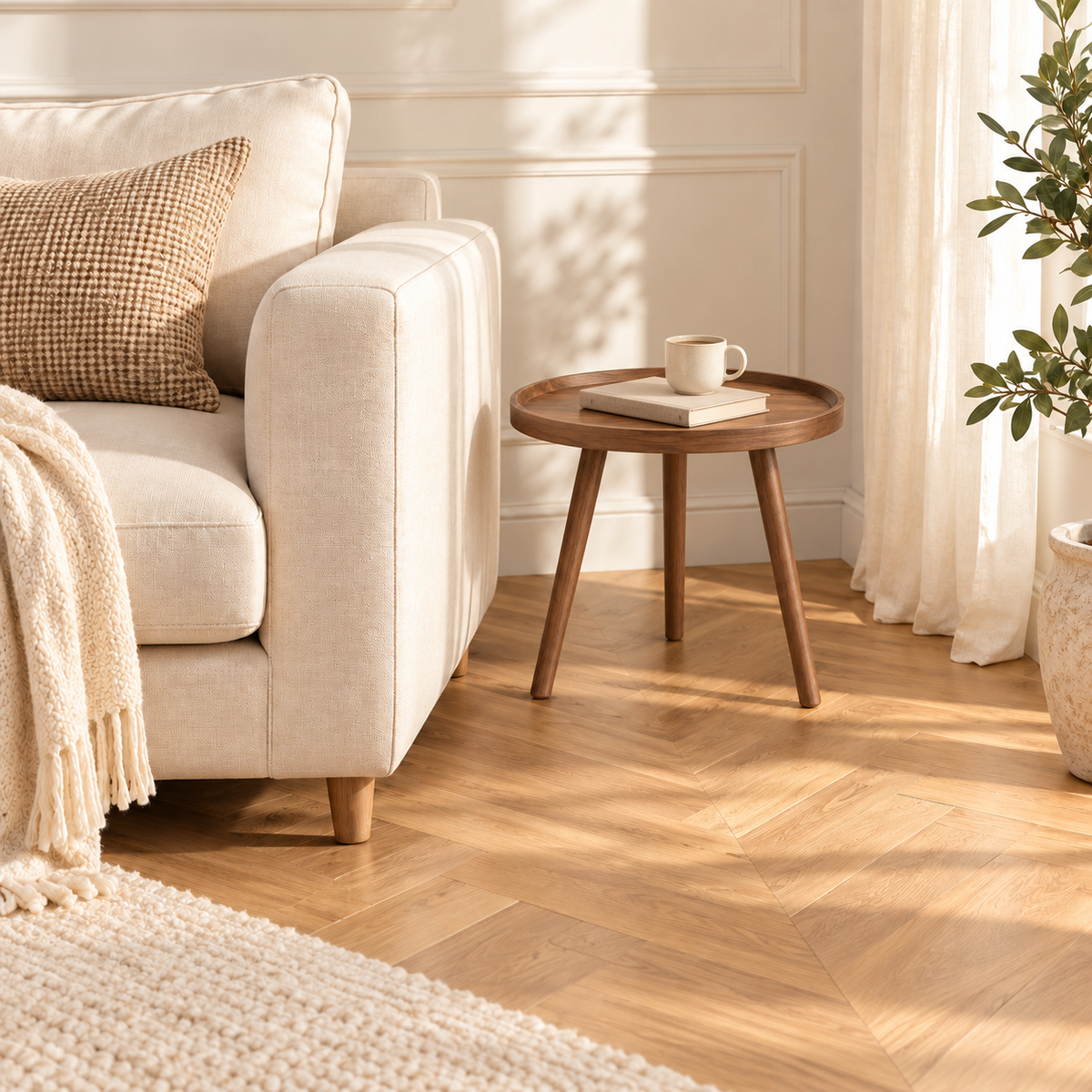 Table d’appoint ronde en bois brun installée à côté d’un canapé crème avec un livre et une tasse
