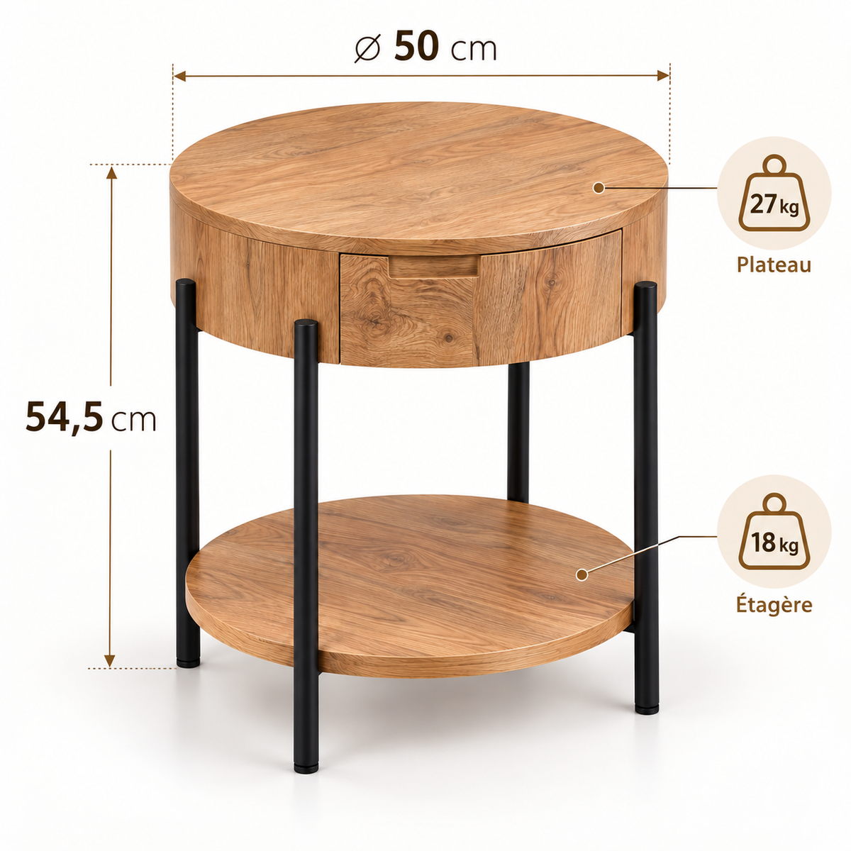 Dimensions de la table d’appoint ronde en bois avec pieds en métal noir