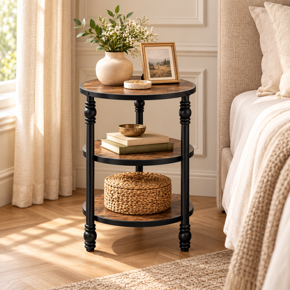 Table d’appoint à 3 étagères en bois effet noyer et métal noir près d’un lit