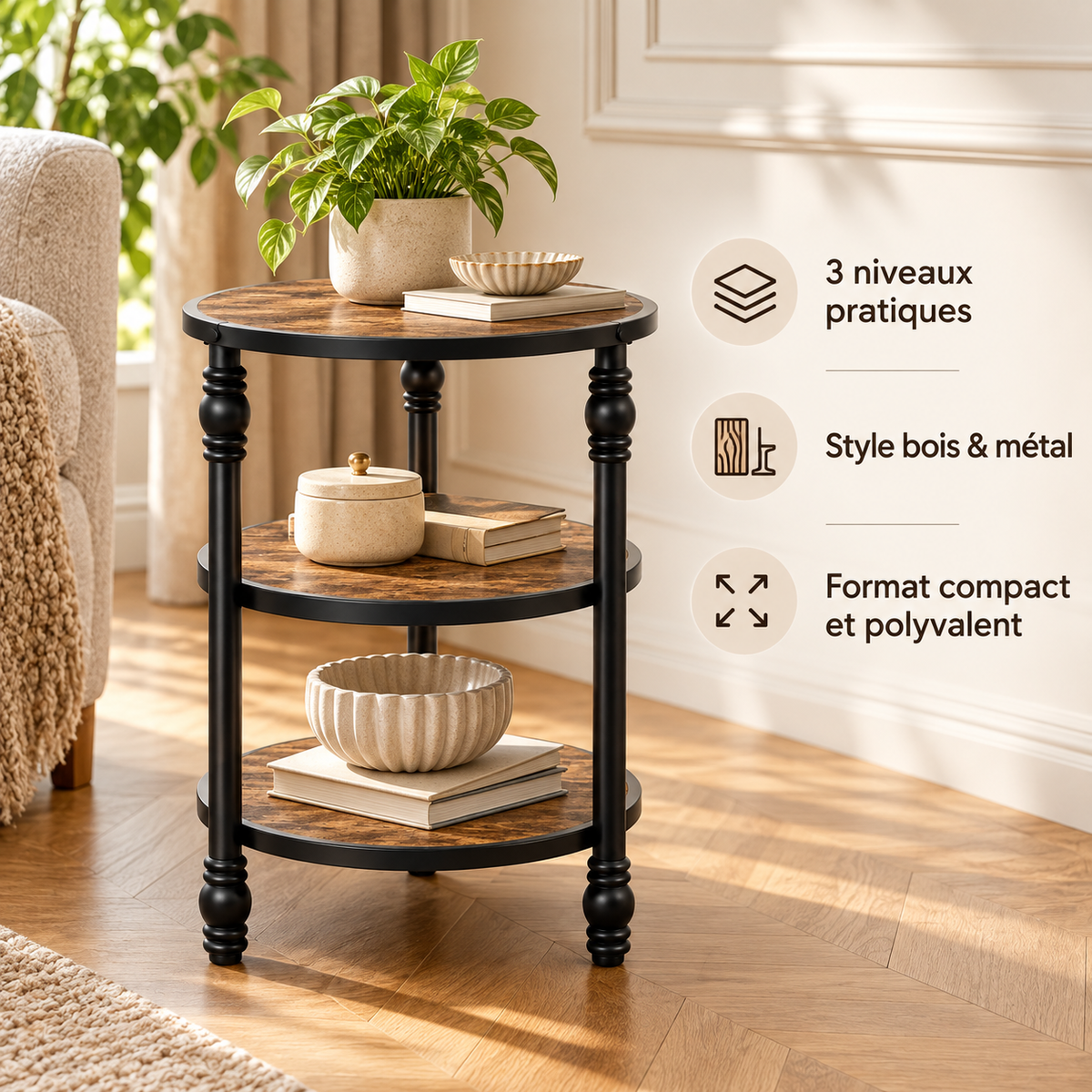 Table d’appoint 3 niveaux en bois et métal, compacte, pratique et polyvalente
