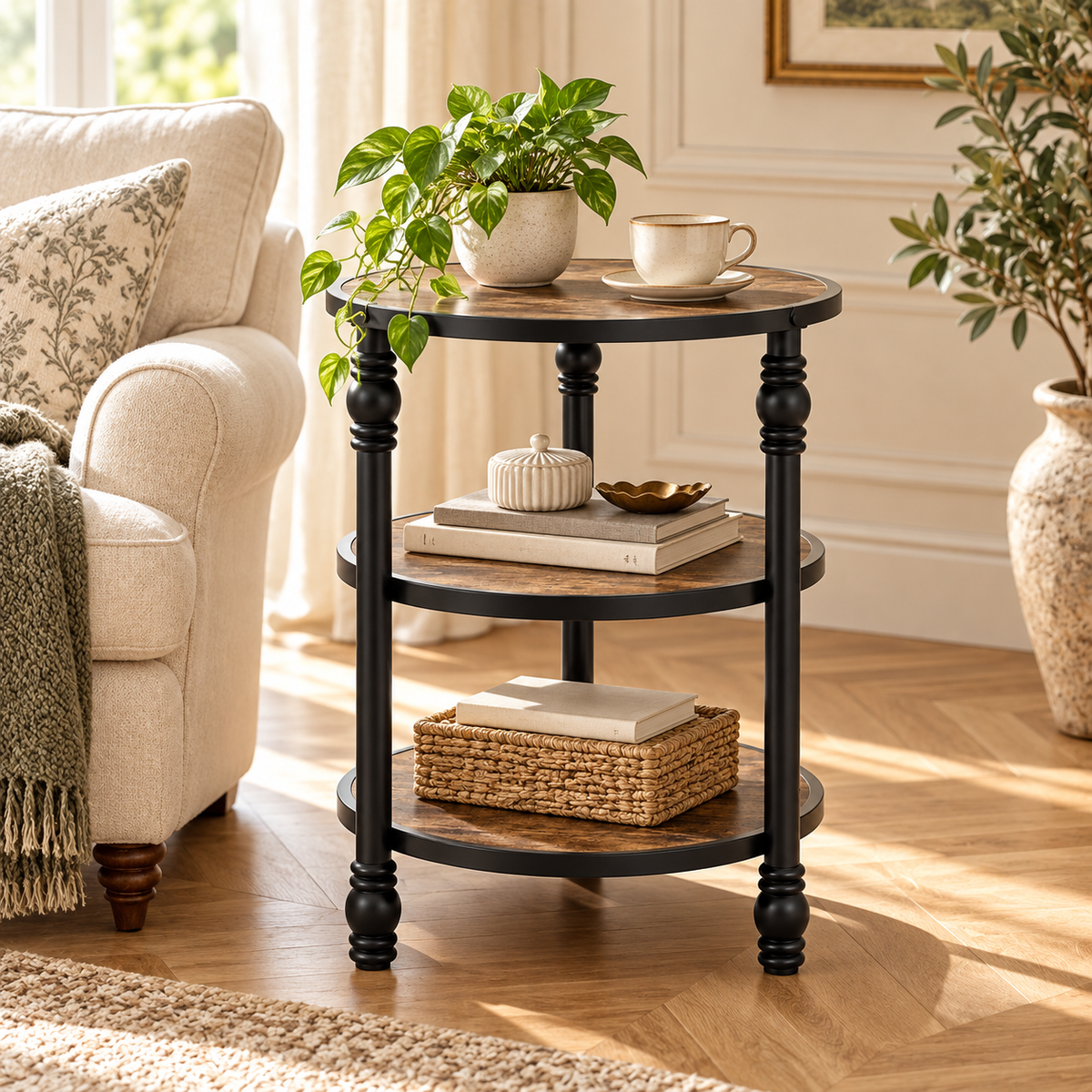 Table d’appoint ronde à 3 niveaux en bois et métal noir dans un salon chaleureux