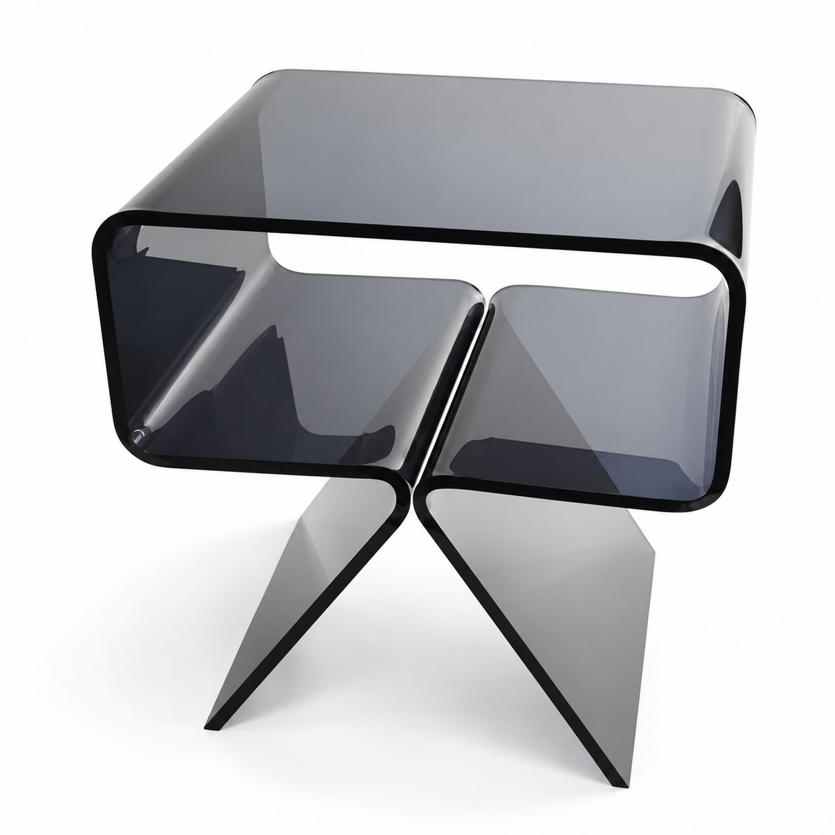 Table d’appoint en acrylique gris fumé avec niche ouverte et pieds évasés sur fond blanc