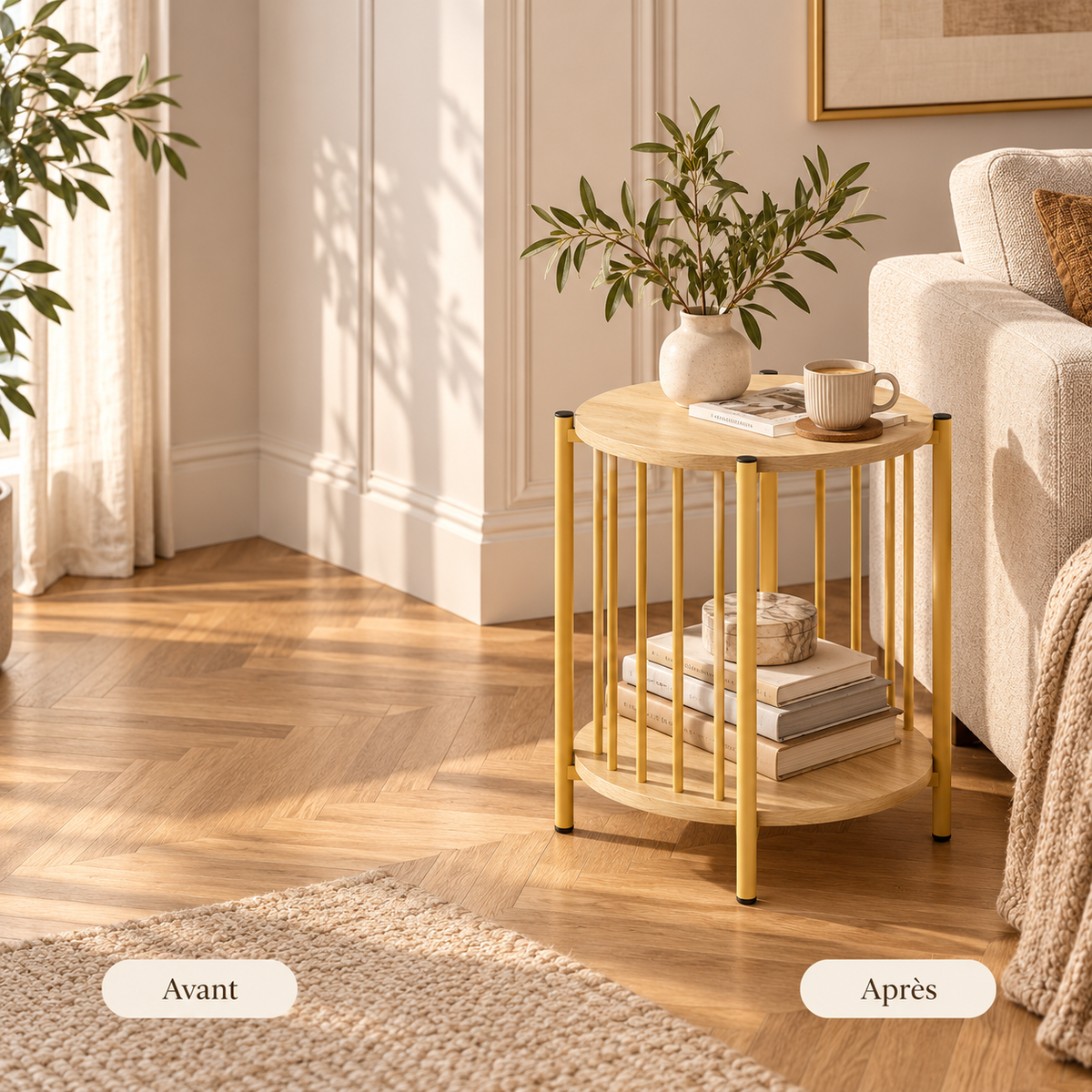 Avant après d'un coin salon aménagé avec une table d'appoint ronde en bois clair et jaune
