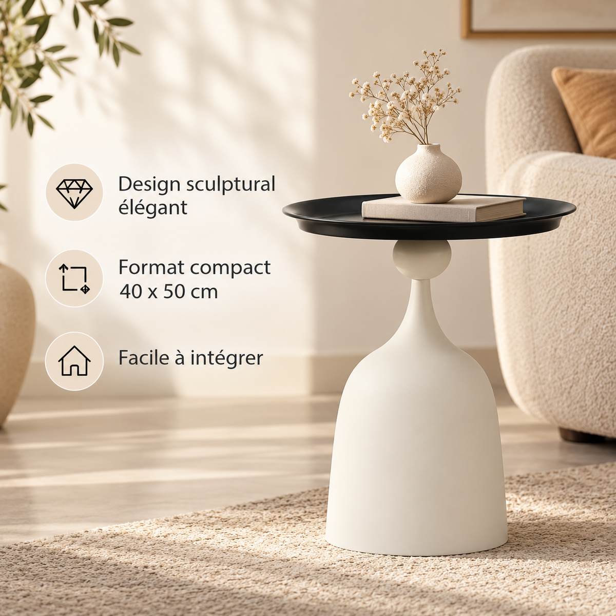 Table d’appoint blanche et noire au design sculptural, compact et facile à intégrer
