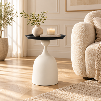 Table d’appoint basse blanche avec plateau noir dans un salon moderne et chaleureux