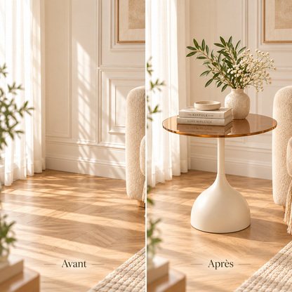 Avant après d’un coin salon aménagé avec une table d’appoint blanche en verre ambré